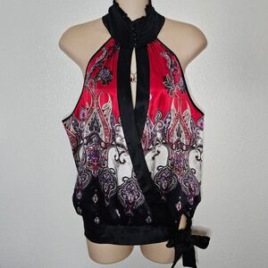 Y2k Bebe Silk Paisley Halter Top Keyhole Blouse